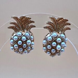 Pineapple Earrings, Gold Tone and Faux Pearl